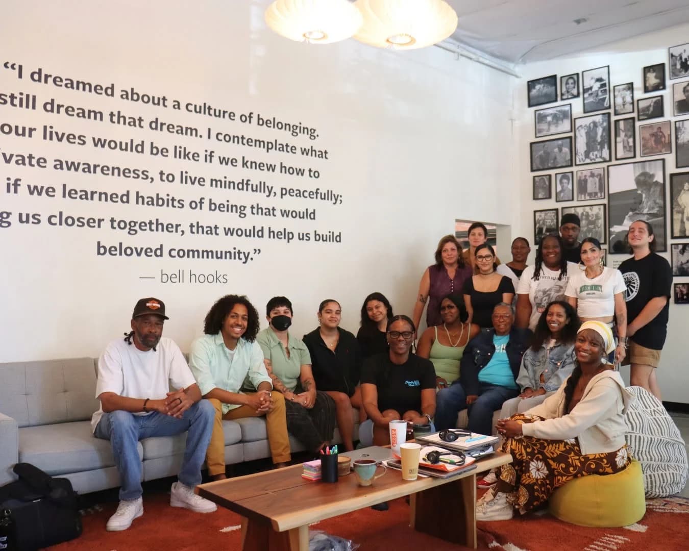 A community group gathered in a meeting space.
